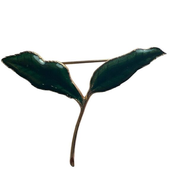 Green Two Leaf Brooch Pin Vintage Gold Tone Women's Party Wedding Accessory - Picture 2 of 3